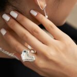 A close-up of a woman touching her neck, displaying a shiny, heart-shaped pendant. She has white nail polish and a subtle earring is visible. Elegant pearl jewelry