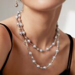 Close-up of a woman wearing an elegant necklace and matching earrings, focusing on the jewelry and the lower part of her face. Elegant pearl jewelry