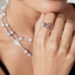 A close-up image of a woman adorned with elegant jewelry, featuring layered pearl necklaces and gold pearl jewelry, focusing on her hand touching her chin