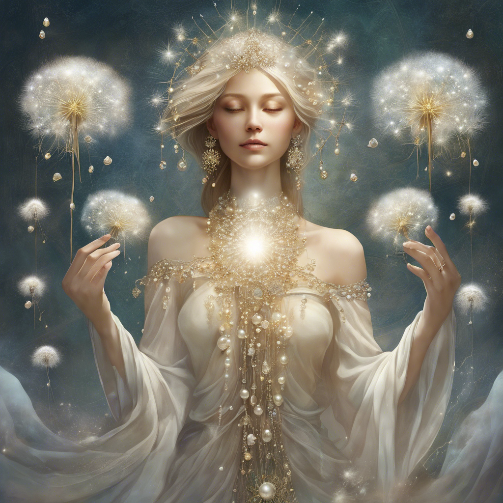 A mystical woman adorned in a white and gold gown surrounded by glowing dandelions. She wears a radiant crown and gold pearl jewelry necklace, her eyes closed amidst a serene, celestial backdrop created by the. Elegant pearl jewelry