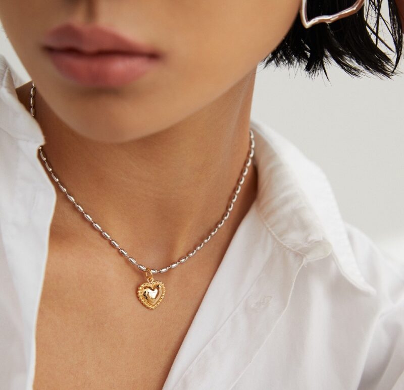 Close-up of a person wearing a white shirt and a heart-shaped gold pearl jewelry pendant, focusing on the lower half of the face and the necklace. Elegant pearl jewelry