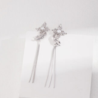 Elegant earrings with floral motifs at the top and long, dangling tassel-like strands featuring natural pearl, displayed against a white background. Elegant pearl jewelry