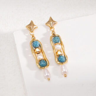 A pair of elegant earrings with star-shaped studs, embellished with blue gemstones and freshwater pearls, displayed on a white surface. Elegant pearl jewelry